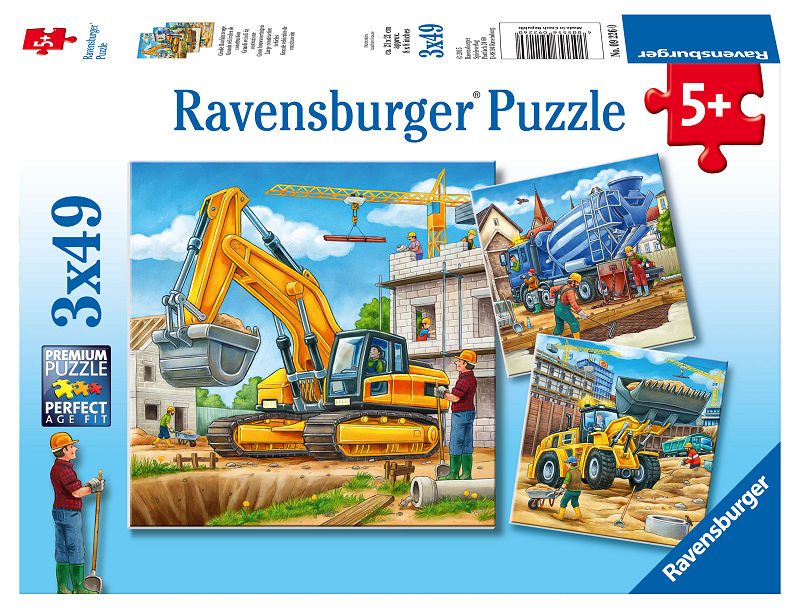 Puzzel 3x49 stukjes Grote Bouwvoertuigen