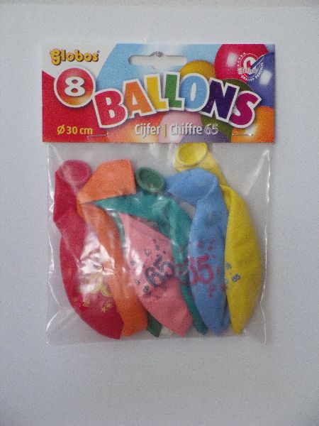 Ballonnen cijfer 65 no. 12 eenzijdig 5 zakjes met 8 stuk
