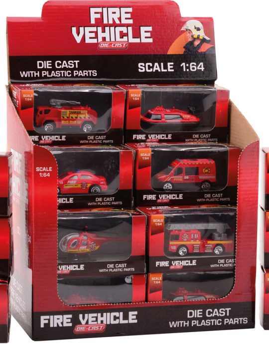 Brandweer voertuigen 1:64 in display 6 assorti