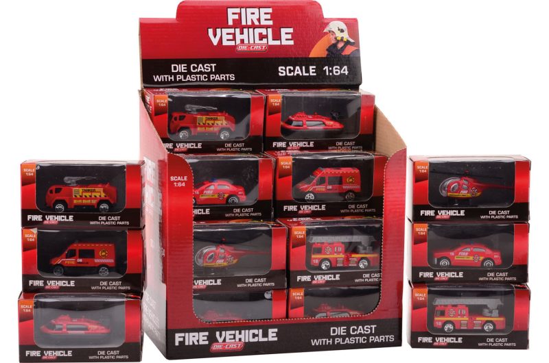 Brandweer voertuigen 1:64 in display 6 assorti