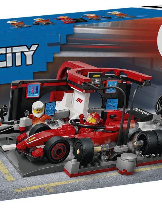 LEGO City F1 pitstop en pitcrew met Ferrari auto