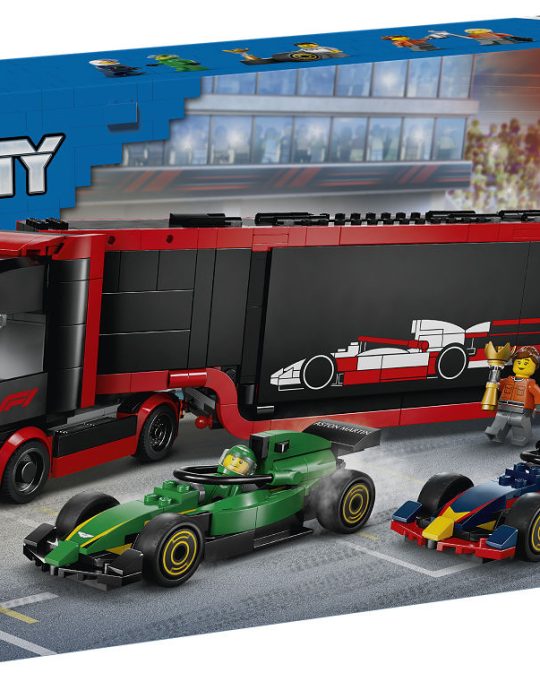 LEGO City F1 truck met RB20 en AMR24 F1 auto 's