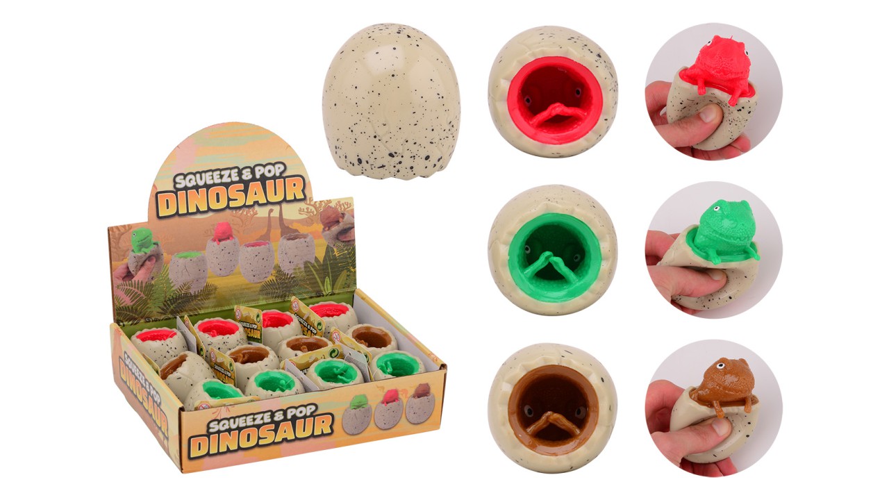 Squeeze en Pop dino in display, 3 assorti 1 Squeeze en Pop dino in display, 3 assorti