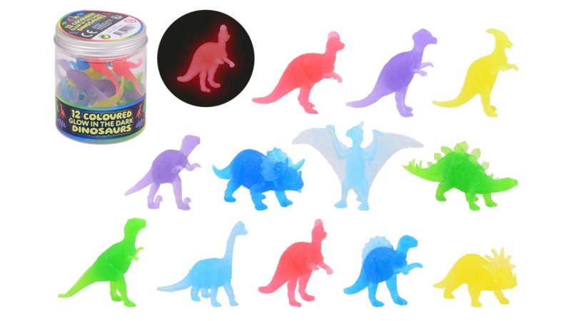 Glow in the dark gekleurde dino 12 stuks in koker