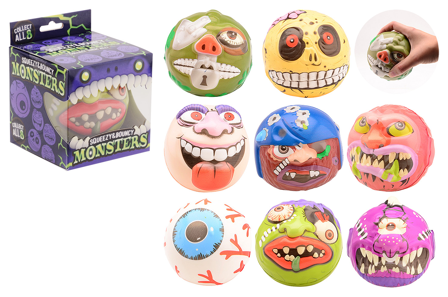 Squeeze monster bal in doos 8 assorti 1 Squeeze monster bal in doos 8 assorti