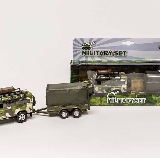 Kids Globe Die Cast pull back Landrover Army met aanhanger