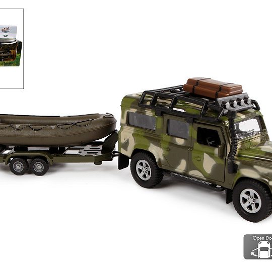 Kids Globe Die Cast Land Rover met boot en aanhanger 27cm