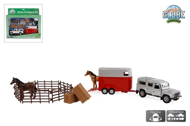 Kids Globe Die Cast pull back Land Rover met paardentrailer