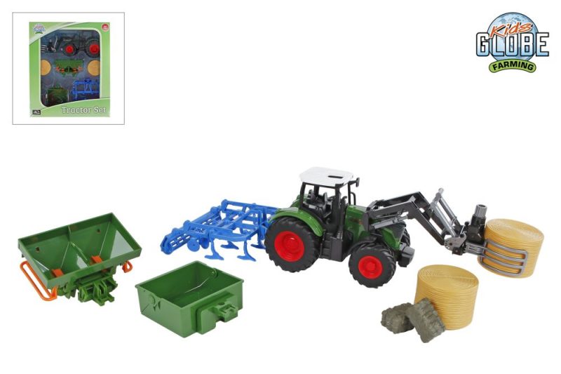 Kids Globe tractor met 8 accessoires freewheel 30cm groen