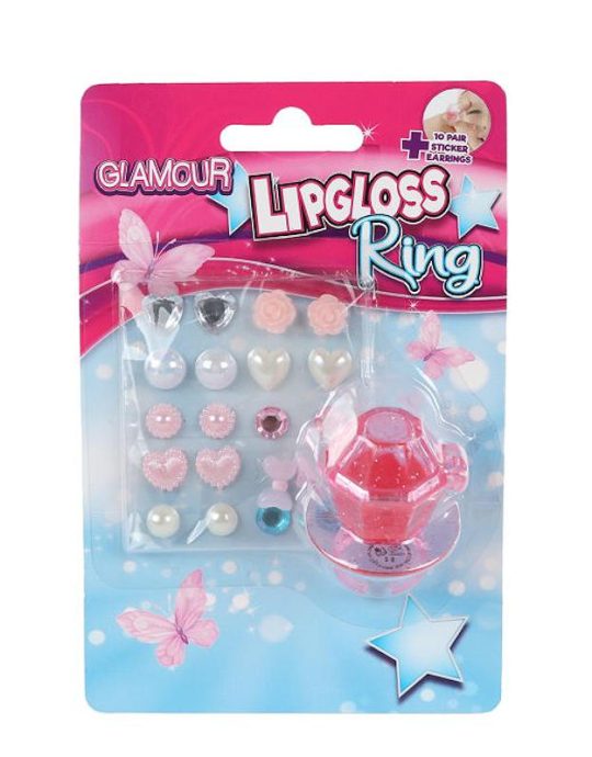 Glamour lipgloss ring en 10 paar oorring stickers